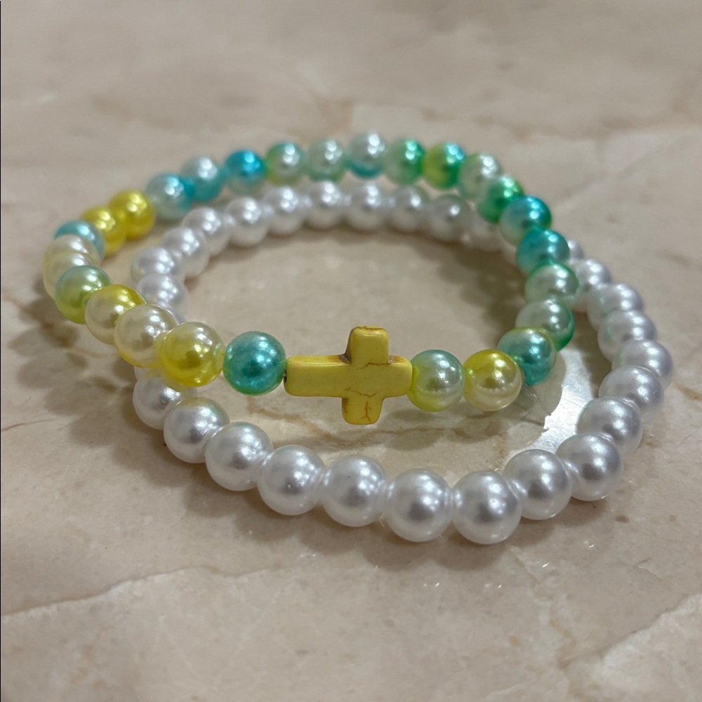 Beaded Bracelet Set with Yellow Cross Accent - White, Green, Blue